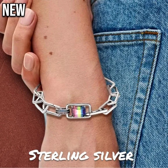 New .925 Sterling Silver Charm bracelet (charms not included) with rainbow stone - Picture 2 of 8